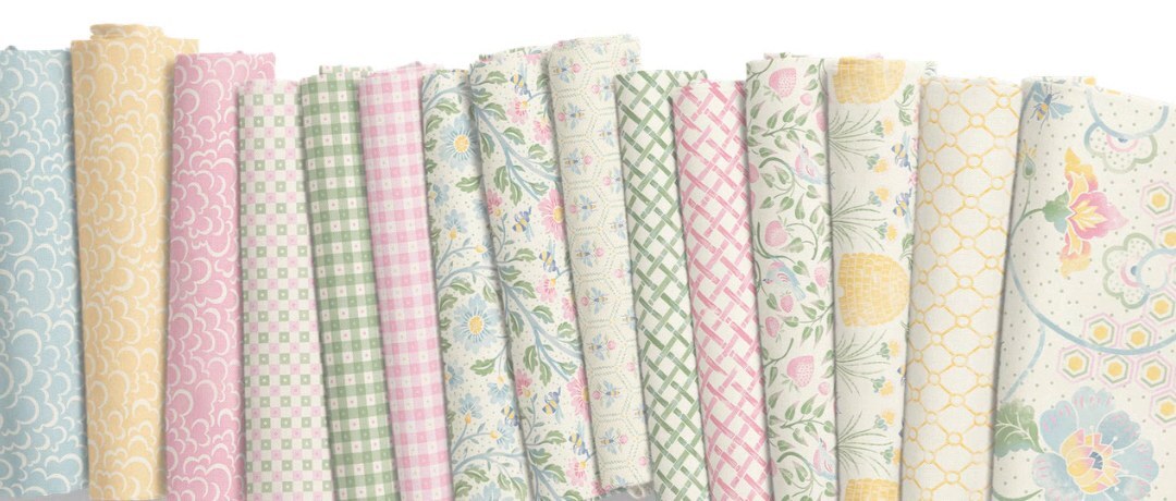 Mia Presley Designs fabric bolts in pastel florals, gingham and dot prints